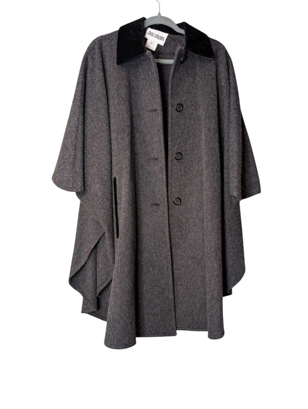 VTG John Caruana gray Wool Cape Coat velvet collar OSFM Poncho Cloak swing coat